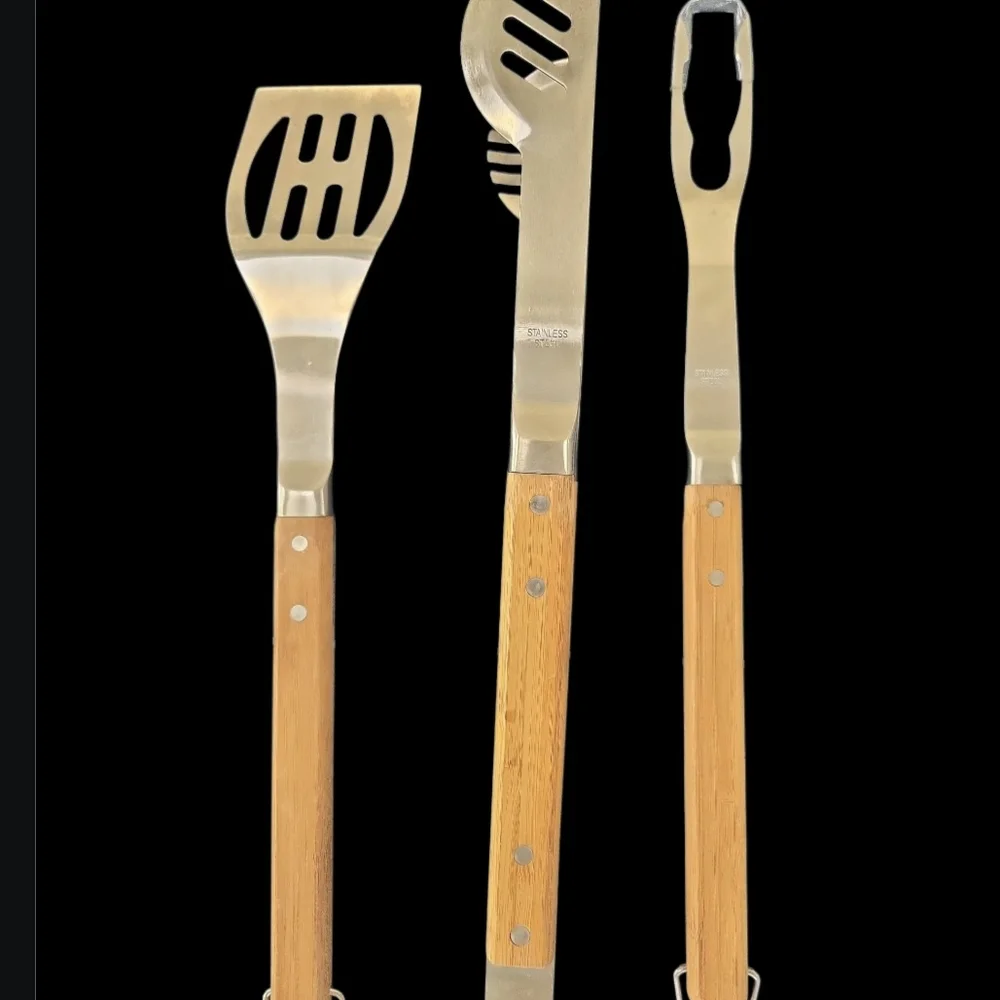 Crate&Barrel Barbecue Serving Set with Tools in Wood Grain and Orange